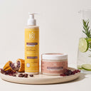 photo inspirationnelle nature morte, Beauté Insolente duo de produits capillaires pour des cheveux nourris, hydratés et sublimés au quotidien. Lait Hydratant et Crème pure énergie 250ml.